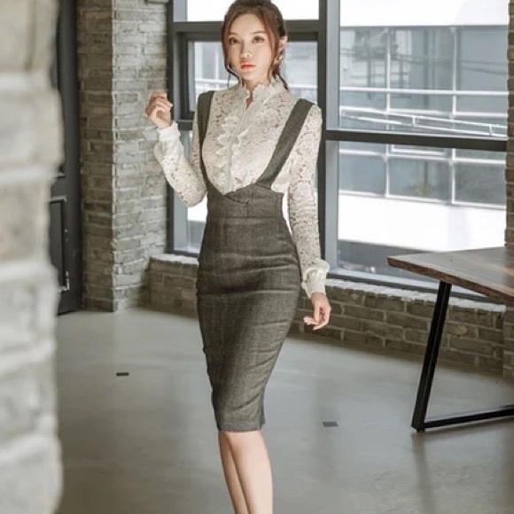 Overall skirt and lace blouse 2PCS SET white gray pencil skirt - Picture 2 of 4